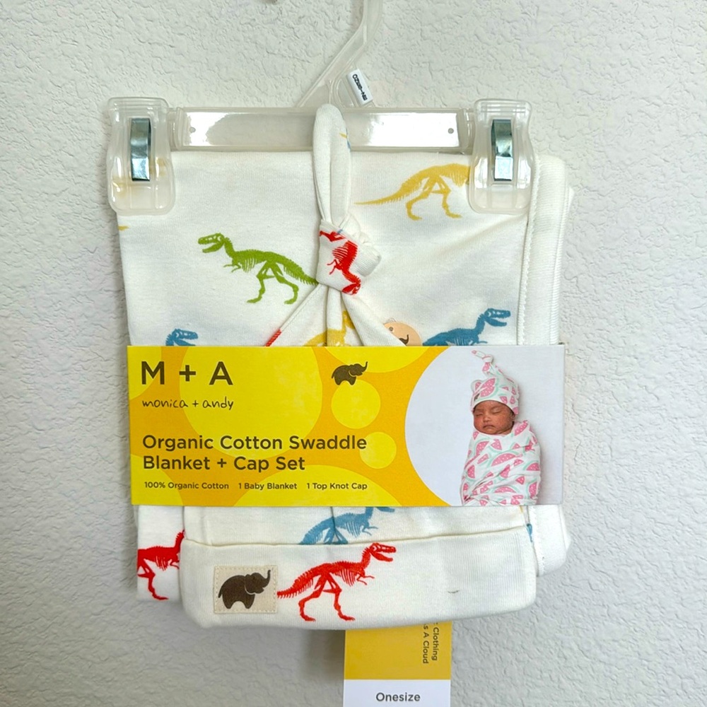 Monica + Andy organic cotton dinosaur swaddle and cap set